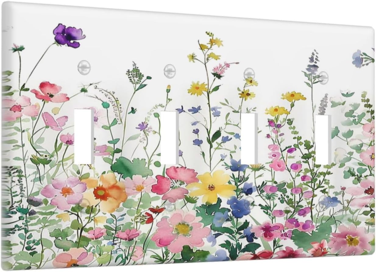 Light Switch Covers Boho Colorful Flowers Plant Rustic Wildflower Quad Toggle Electrical Faceplate 4 Gang Wall Plate Decorative Switch Plates for Bed Room Bathroom Decor