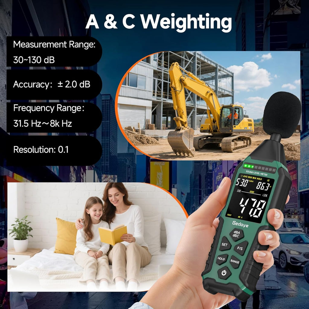 Power Supply Available Decibel Meter, Gedaye Sound Level Meter, A/C Weighted SPL Meter, Noise Measure Device 30-130dB, Noise Detector Sound Monitor Decibel Reader Classroom Factory Noisy Neighbor