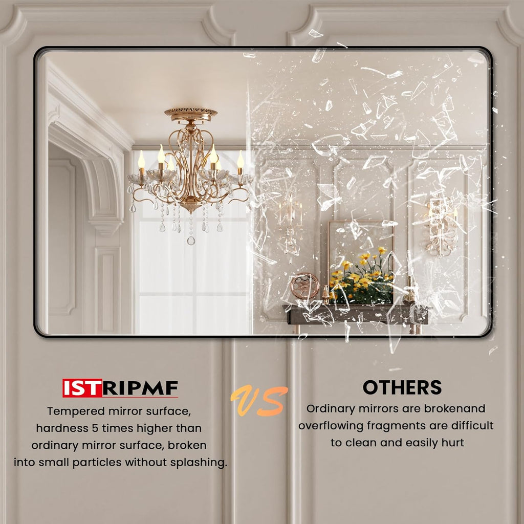 48x30 Inch Black Bthroom Mirror,Black Metal Frame Vanity Mirror,Rounded Rectangular Matte Black Wall Mirrors,Tempered Glass,Anti-Rust,Horizontal or Vertical