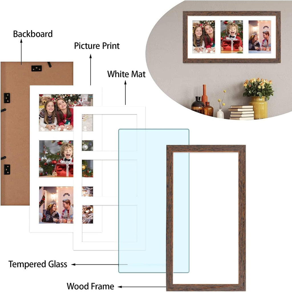 Golden State Art, Set of 10, 9x18 Distressed Brown Wood Frame - White Mat for Three 5x7 Pictures - Sawtooth Hangers- Swivel Tabs - Wall Mounting - Landscape/Portrait - Real Glass - Collage Frame
