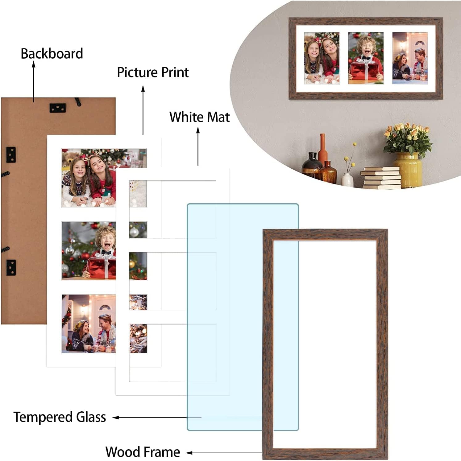 Golden State Art, Set of 10, 9x18 Distressed Brown Wood Frame - White Mat for Three 5x7 Pictures - Sawtooth Hangers- Swivel Tabs - Wall Mounting - Landscape/Portrait - Real Glass - Collage Frame