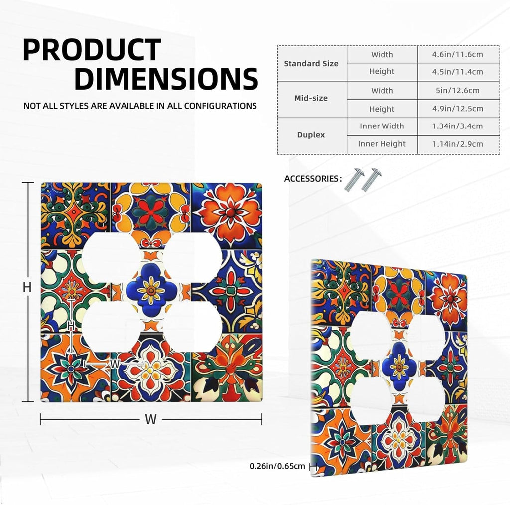 Outlet Covers Colorful Mexican Talavera Vintage Boho Floral 2 Gang Double Duplex Decorative Light Switch Covers Electrical Wallplates Socket Faceplate For Farmhouse Cabin Decor