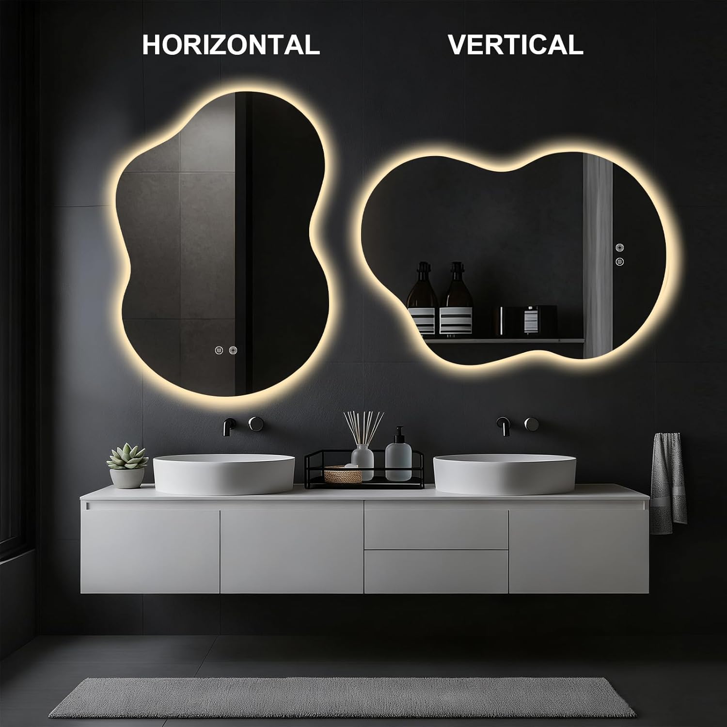 Asymmetrical Lighted Mirror for Bathroom,Modern LED Vanity Mirror with Backlit,Fog-Free,Tri-Color Dimmable Lighting with Memory Function,Hardwire Ready [Horizontal/Vertical] 40" H x 30" W