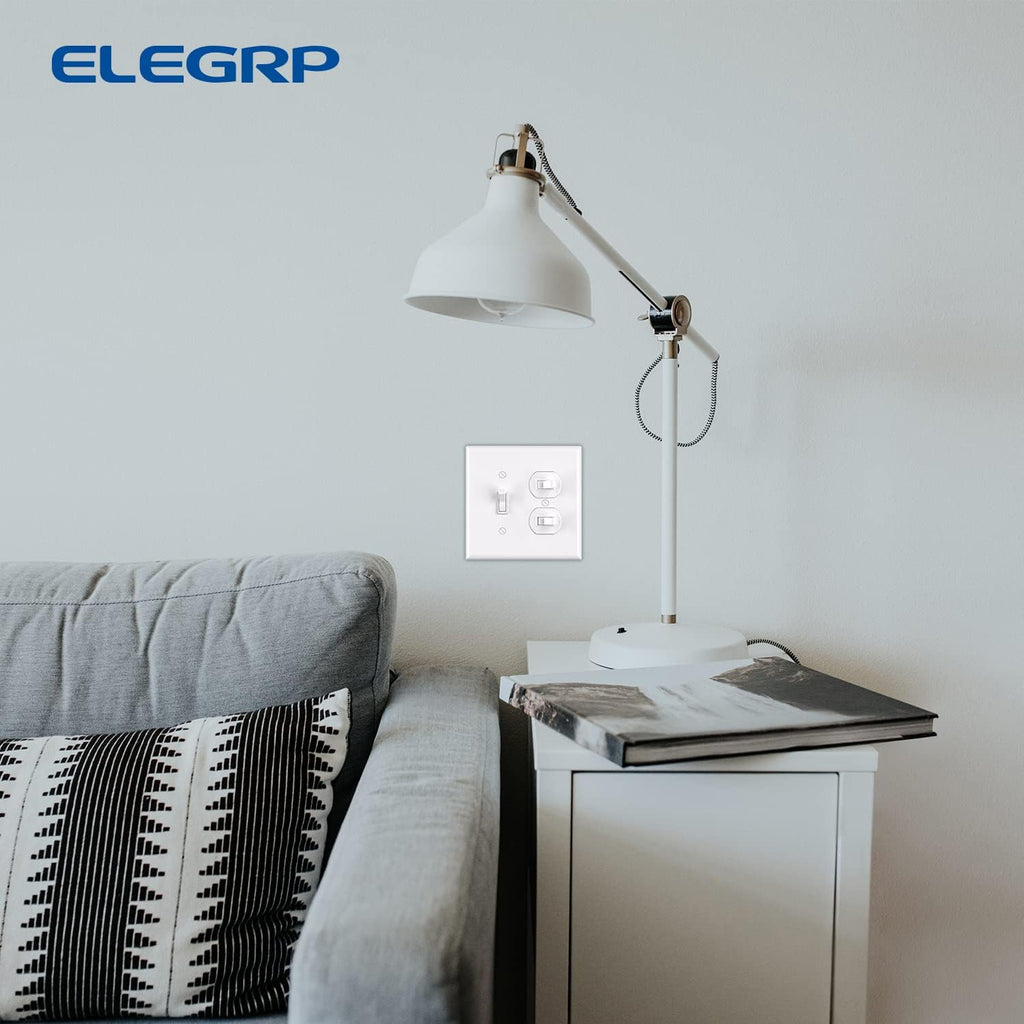 Combination Wall Plate ELEGRP 1-Toggle Light Switch 1-Duplex Receptacle Outlet Combination Wall Plate Cover, Mid-Size 4.88" x 4.94" Unbreakable Thermoplastic Faceplate Cover, UL Listed (1 Pack, white)