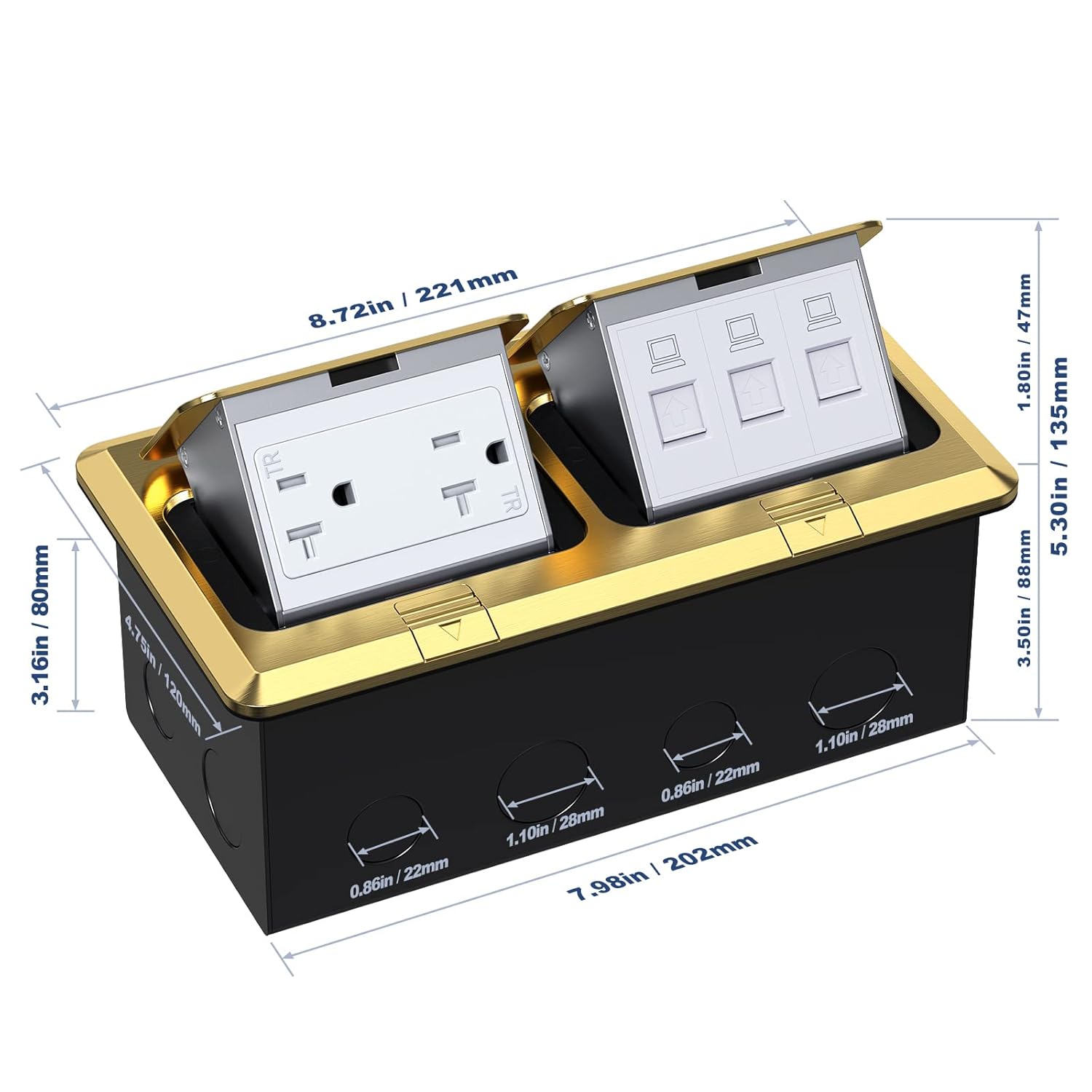 KYHSHJ Dual Pop-Up Floor Electrical Outlet Box Kit，20 Amp Stainless Steel TR Tamper-Resistant Duplex Receptacle Outlet，3-Port RJ45 Datacom Receptacle，ETL Listed, Brass