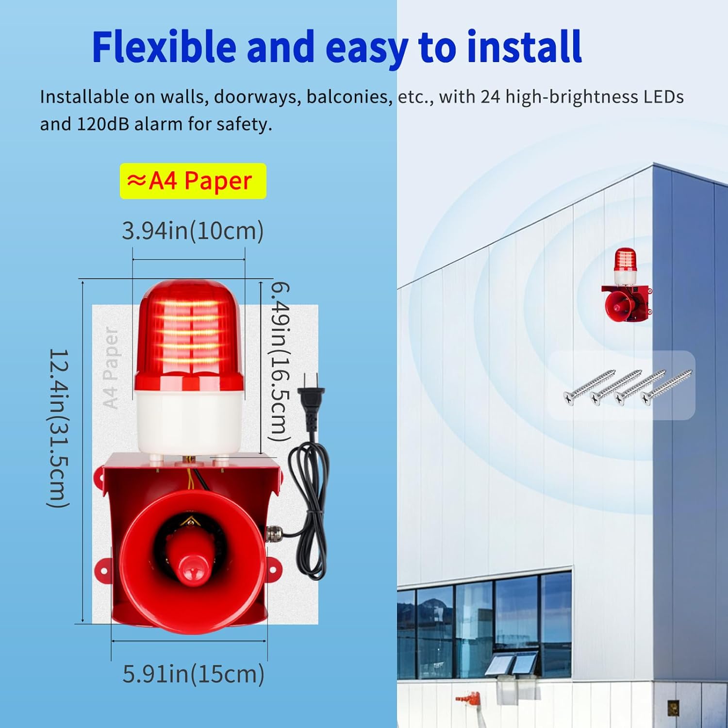 AC110V Industrial Siren Alarm Strobe Light-120dB Loud Horn&Red Beacon Warning Light,Waterproof Indoor/Outdoor Safety Alarm for Emergency,Factory,Office,Fires,Tornado,Intruders,Animal Deterrent