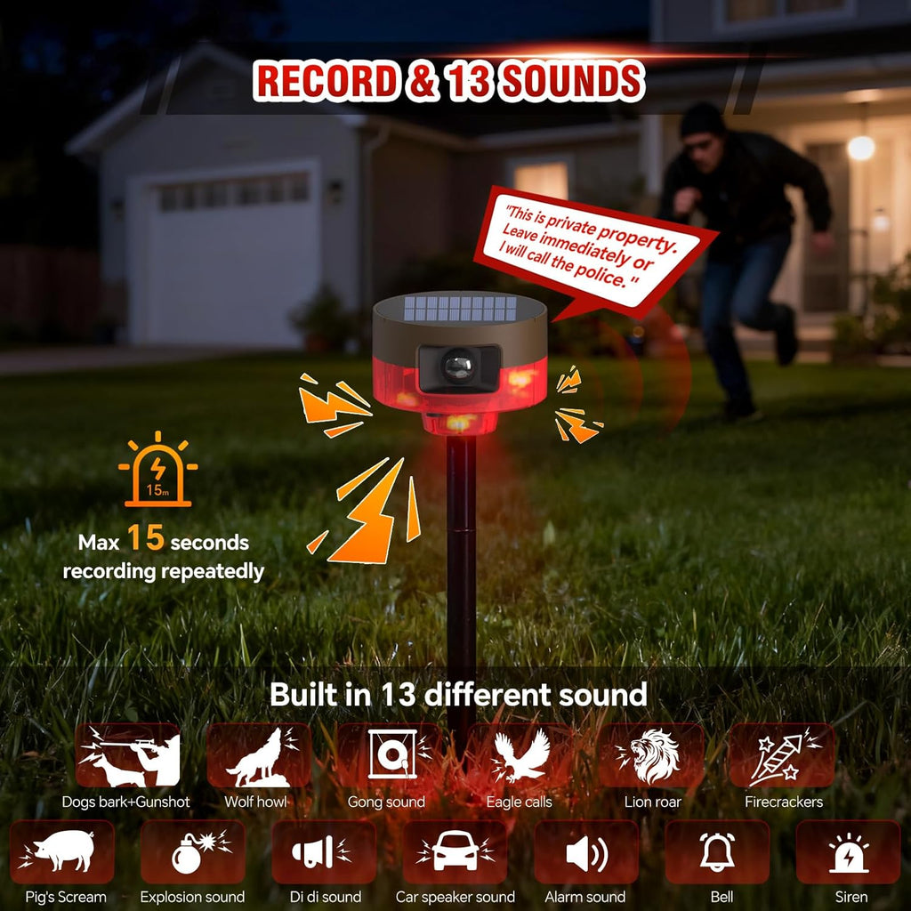Solar Outdoor Motion Sensor Alarm-Dog Barking or Gunshot Sound, 130dB Noise, 13 Sounds & 360° Motion Detector Alarm Support Recording, with Remote Controller for Home, Villa,Yard,Chicken coop