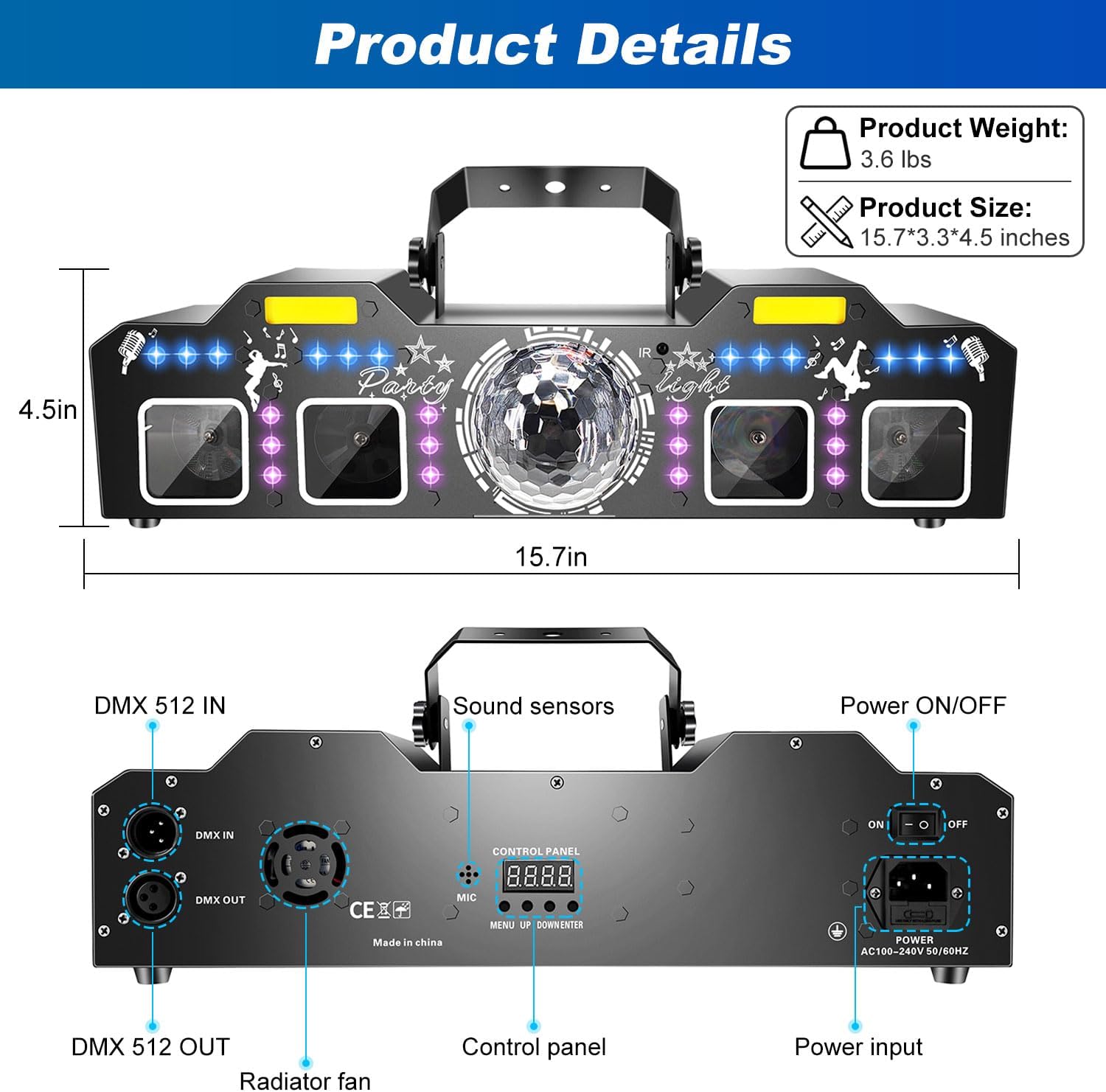 7 in 1 Dj Disco Ball Party Lights with DMX512 and Sound Activated LED Strobe Stage Lighting Show for Parties Indoor Dance Dj Party Karaoke Bars Clubs Christmas Halloween Decorations