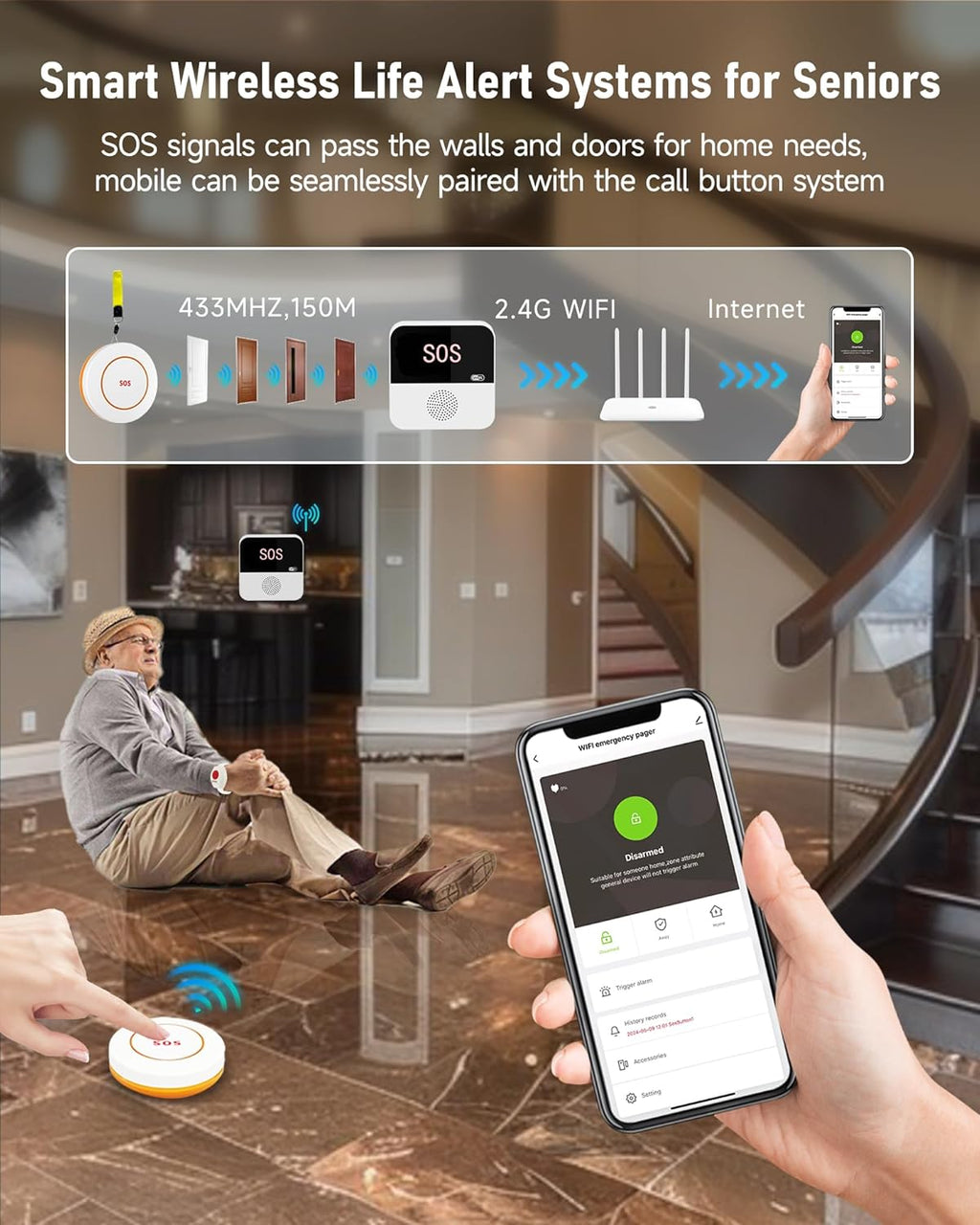 WiFi Caregiver Pager Wireless Call Button with App Alert, Life Alert Systems for Seniors No Monthly Fee- 2 Caregiver Call Button + 1 Wristband Panic Button, Alert Button for Seniors at Home