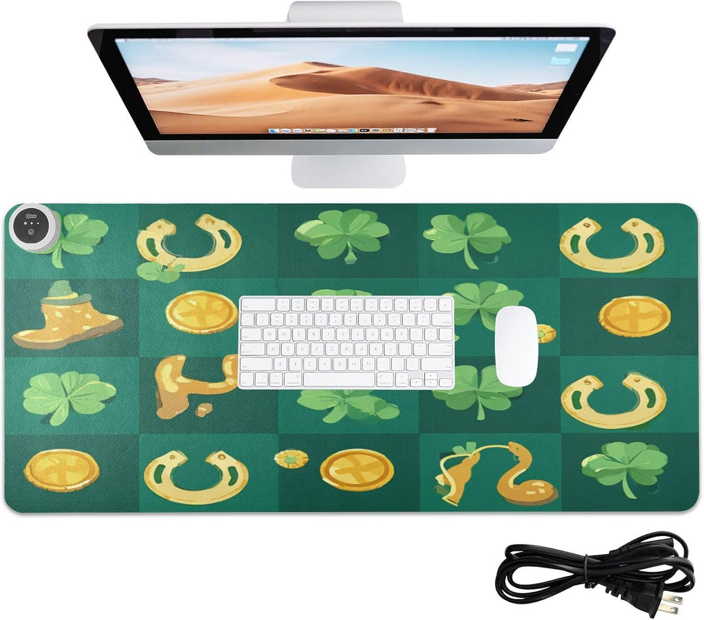 Heated Desk Pad Mouse Pad 31.5x13 Inch PU Leather Desk Mat with 3 Heat Levels Large Mouse Gaming Computer Laptop Mat Clover Dwarf St Patrick's Day