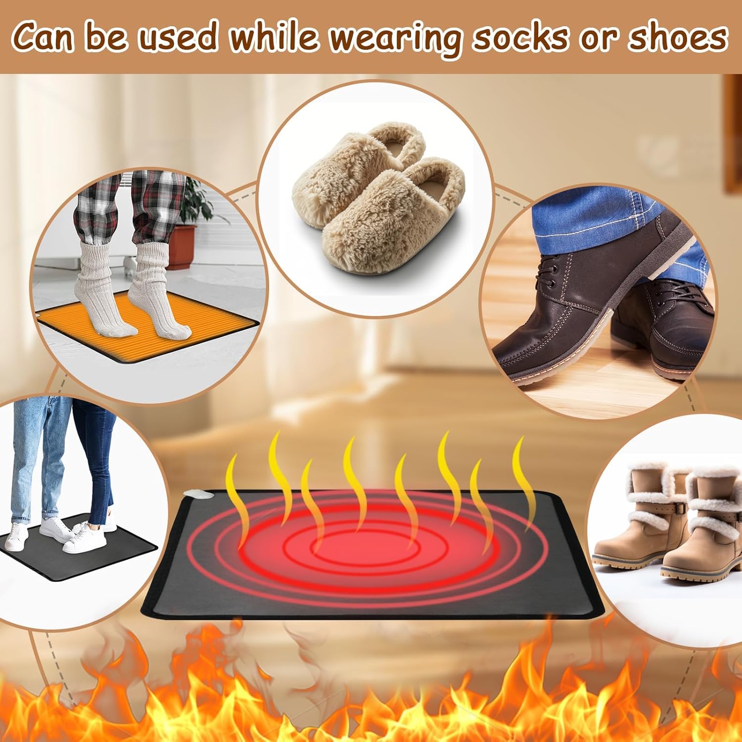 PVC 110V Heated Floor Mat Heater for Foot Warmer Under Desk 22 x 20 Inch Electric Heating Pad Energy Saving Carpet Pad Indoor Floor Heated Rug for Home Office Bathroom House Black
