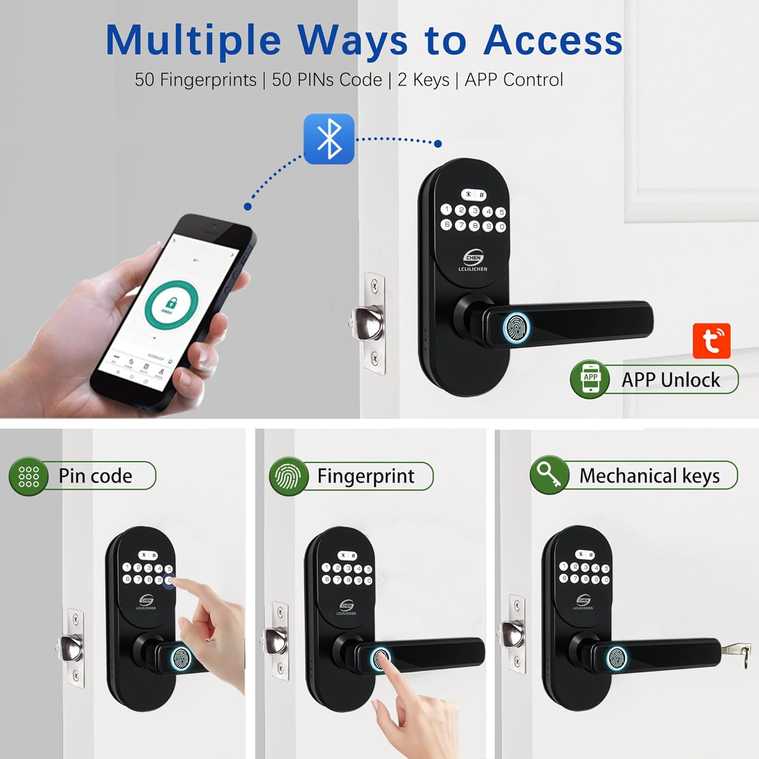 Keyless Entry Door Lock with Handle, Smart Fingerprint Deadbolt, APP Control & Keypad Password Unlock for Front Door, Home, Apartment