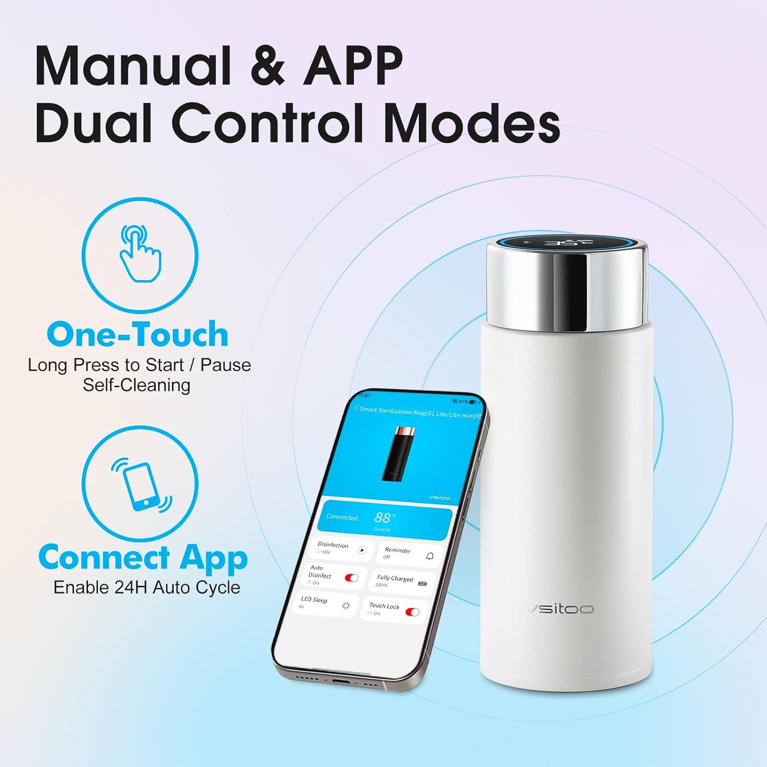 Vsitoo Smart self cleaning Insulated Water Bottle, 8.5oz Stainless Steel Vacuum Flask, AI Self-Clean, 30-Day Battery Life, BPA-Free, Magnetic Charging, Portable Travel Mug Gifts for Men Women, White