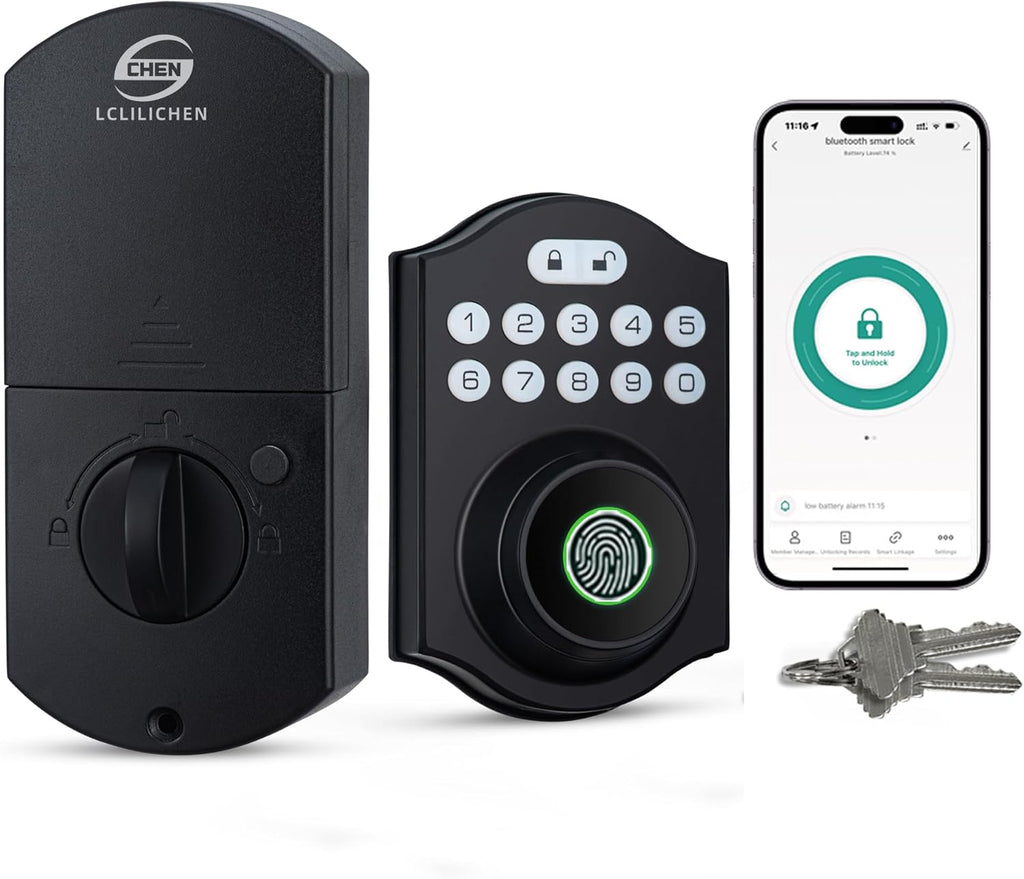 Smart Fingerprint Door Lock, Keyless Entry Deadbolt with Electronic Keypad, Bluetooth App Control, One Time Code, IP65 Weatherproof, for Front Door/Home/Office (Matte Black)