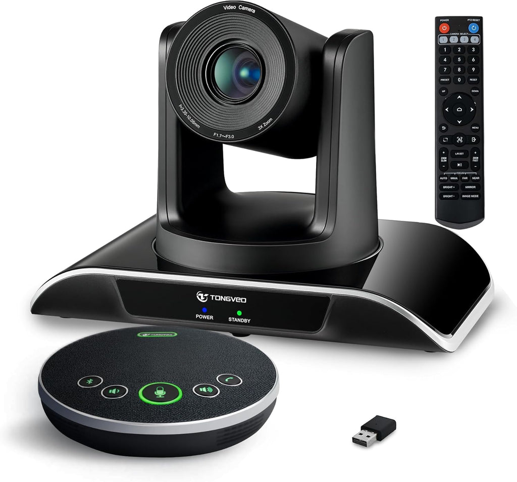 TONGVEO All-in-One Conference Room Video Camera System Al Auto-Tracking HD1080P 60fps 3X Optical Zoom USB3.0 HDMI PTZ Camera and Bluetooth Conference Speakerphone with Microphones