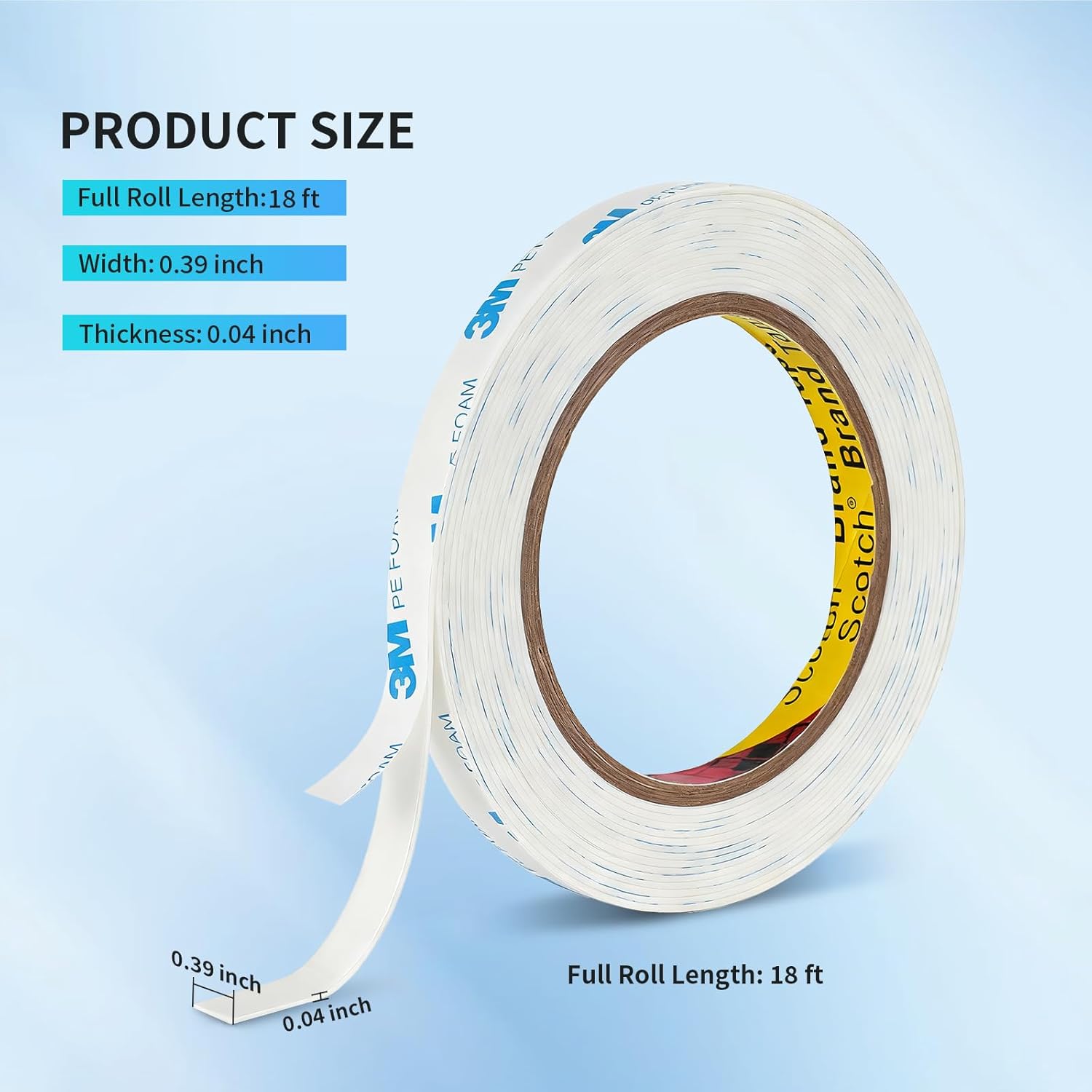 3M 1600T Double Sided Tape, PE Foam Tape 0.39" x 18 Ft White Removable Strong Adhesive No Residue for RV Picture Hanging, Posters Frames Wall Decor Indoor & Outdoor Use