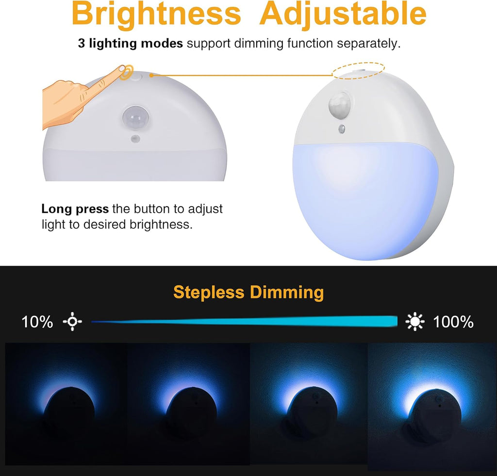 2 Pack Azure Battery Night Light, Motion Activated Night Light, 2.6" Small Sticky Lights, 3 Light Modes, Dimmable Battery Operated Lights for Travel, Toilet, Bathroom, Closet, Stairs,Corridor