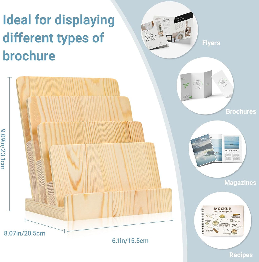 Pine 8.5×11 Inch Magazine Display Stand 4-Tier For 6×9 inch Literature Organizer Brochure Pamphlet Flyer Menu Holder Countertop Stand For Office Home