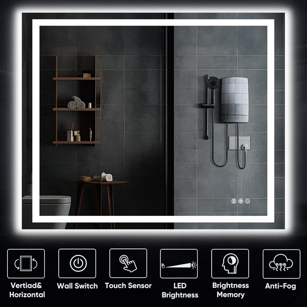 LED Bathroom Mirror, 40"x32" with Frontlit and Backlit Anti-Fog Mirror with Lights LED Vanity Mirror for Bathroom 3 Colors Temperature & Dimmable Bathroom Mirror with HD Tempered Glass