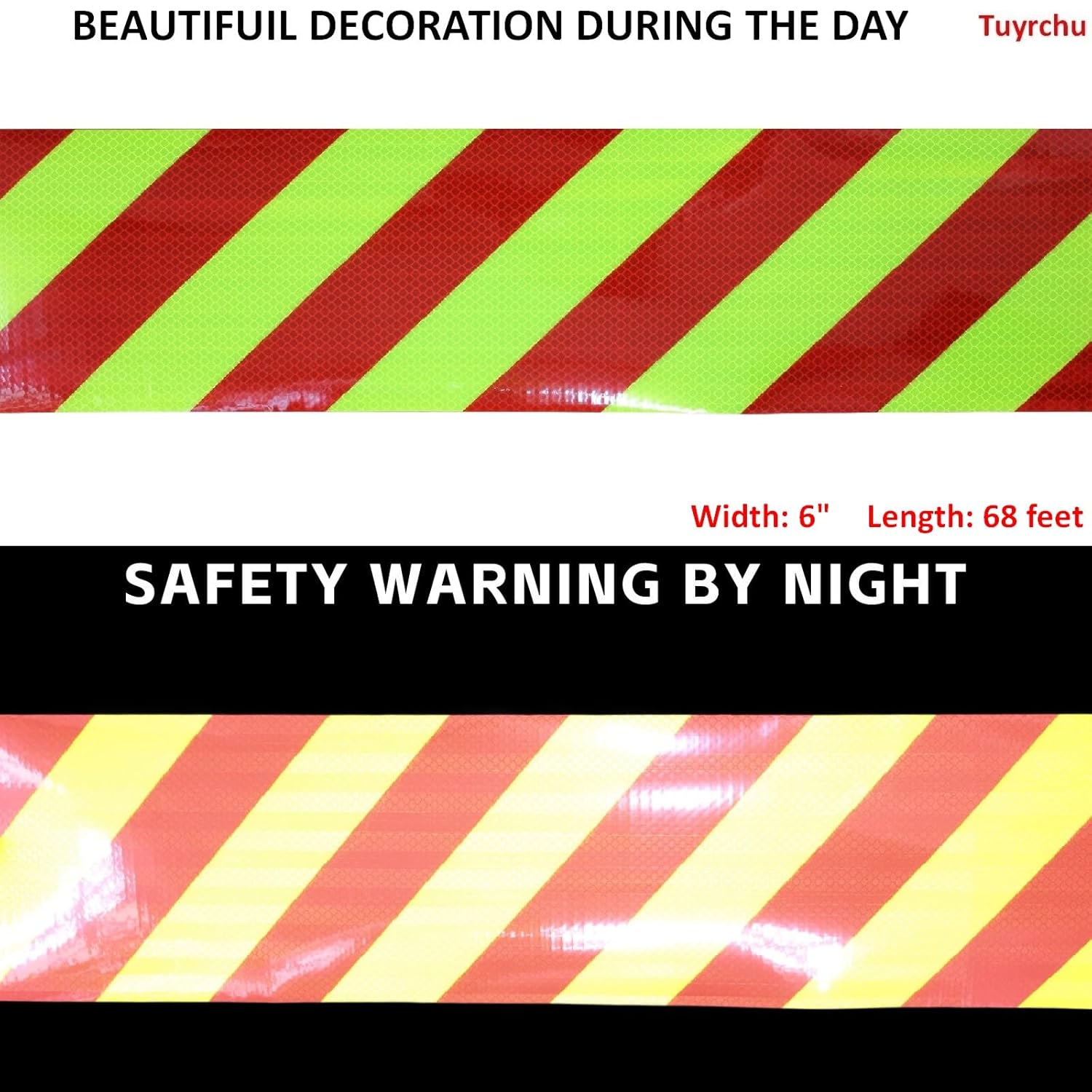 Non Fading Reflective Tape Outdoor Waterproof 6 inch Wide for Truck, High Visibility Warning Safety Industrial Marking Tape (68 feet)