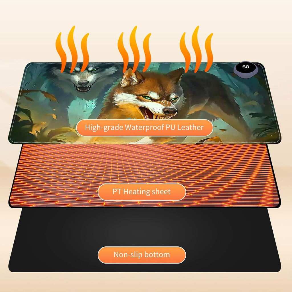 Small Heated Desk Pad 23.6" x 14.2" – Compact Electric Mouse Pad with 3 Heating Levels, Auto Shut-Off, Waterproof PU Surface, Plug-in Warmer for Office or Home Use, Forest Wolves