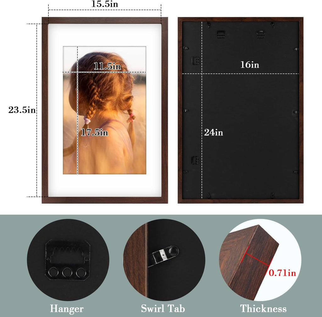 Golden State Art, 16X24 Picture Frame with Mat for 12X18 - High Definition Glass Wall Mounting Horizontal Vertical Display (Brown, 2 Pack)