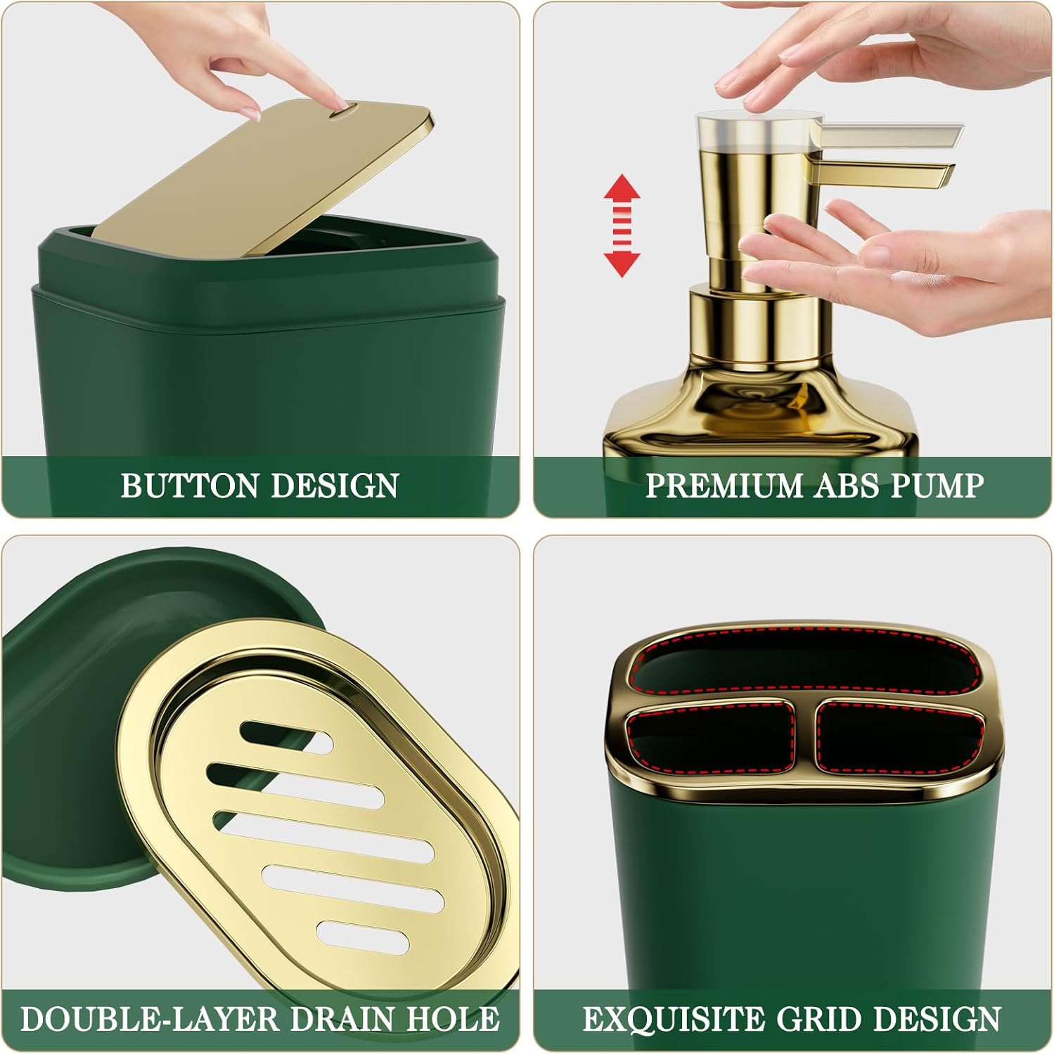 Bathroom Accessories Set - 25PC Bathroom Set with Shower Curtain and Rugs, Green Bathroom Set, Bathroom Accessory Set with Press-on Lid Trash Can, Soap Dispenser and Qtip Holders