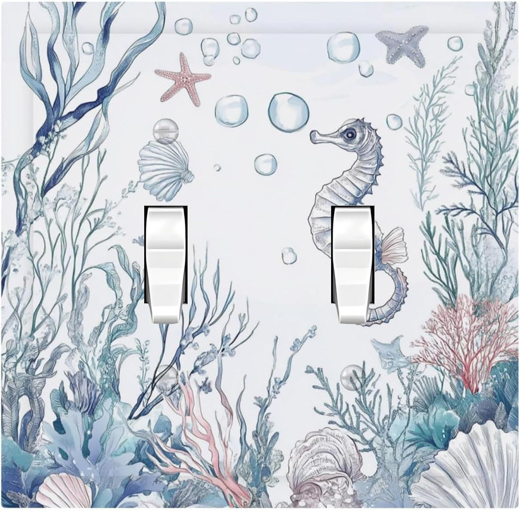 Decorative Switch Plates Ocean Coral Seahorse Seashell Starfish 2 Gang Double Toggle Outlet Light Switch Cover Wall Plate Electrical Faceplate For Bathroom Home Decor