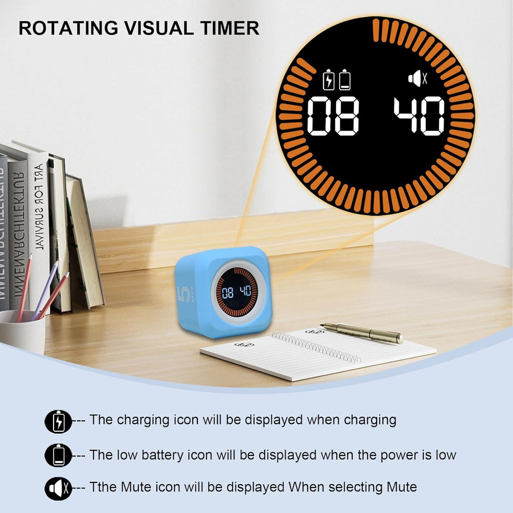 FCXJTU Rotating Cube Pomodoro Visual Timer 5, 25, 10 50 Minutes Preset, Rechargeable Desk Productivity Flip Timer w/Silicone Cover, Custom Countdown, Silent Mode for ADHD, Study, Work, School(Purple)