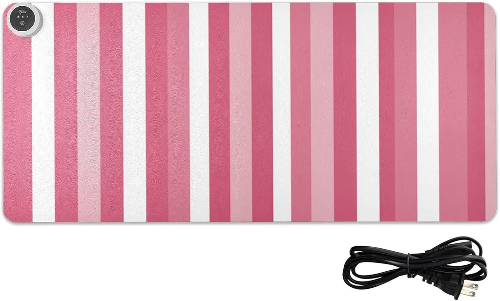 Heated Desk Pad Mouse Pad 31.5x13 Inch PU Leather Desk Mat with 3 Heat Levels Large Mouse Gaming Computer Laptop Mat Pink and White Stripes