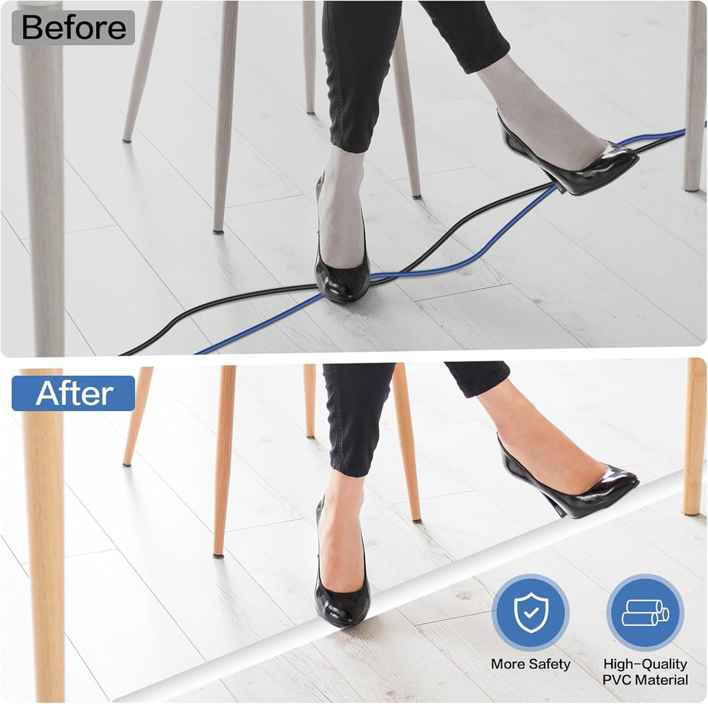 Floor Cord Cover Self Adhesive Cord Hider Floor Extension Cord Covers for Floor Power Cord Protector Cable Management Prevent Cable Trips Cable Cavity 0.32" W x 0.32" H (White, 20Ft)