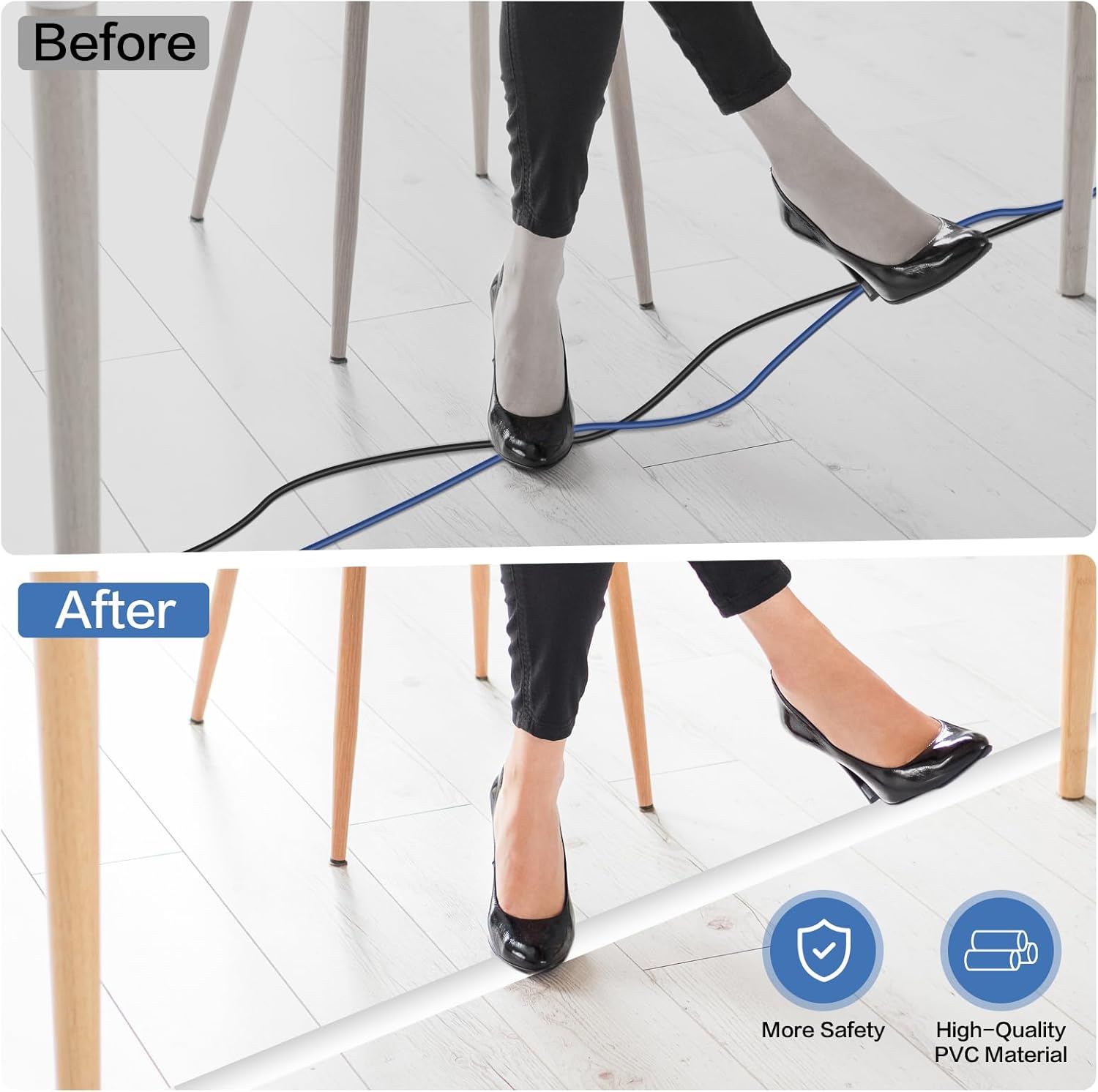Floor Cord Cover Self Adhesive Cord Hider Floor Extension Cord Covers for Floor Power Cord Protector Cable Management Prevent Cable Trips Cable Cavity 0.51" W x 0.31" H (White, 3.3Ft)