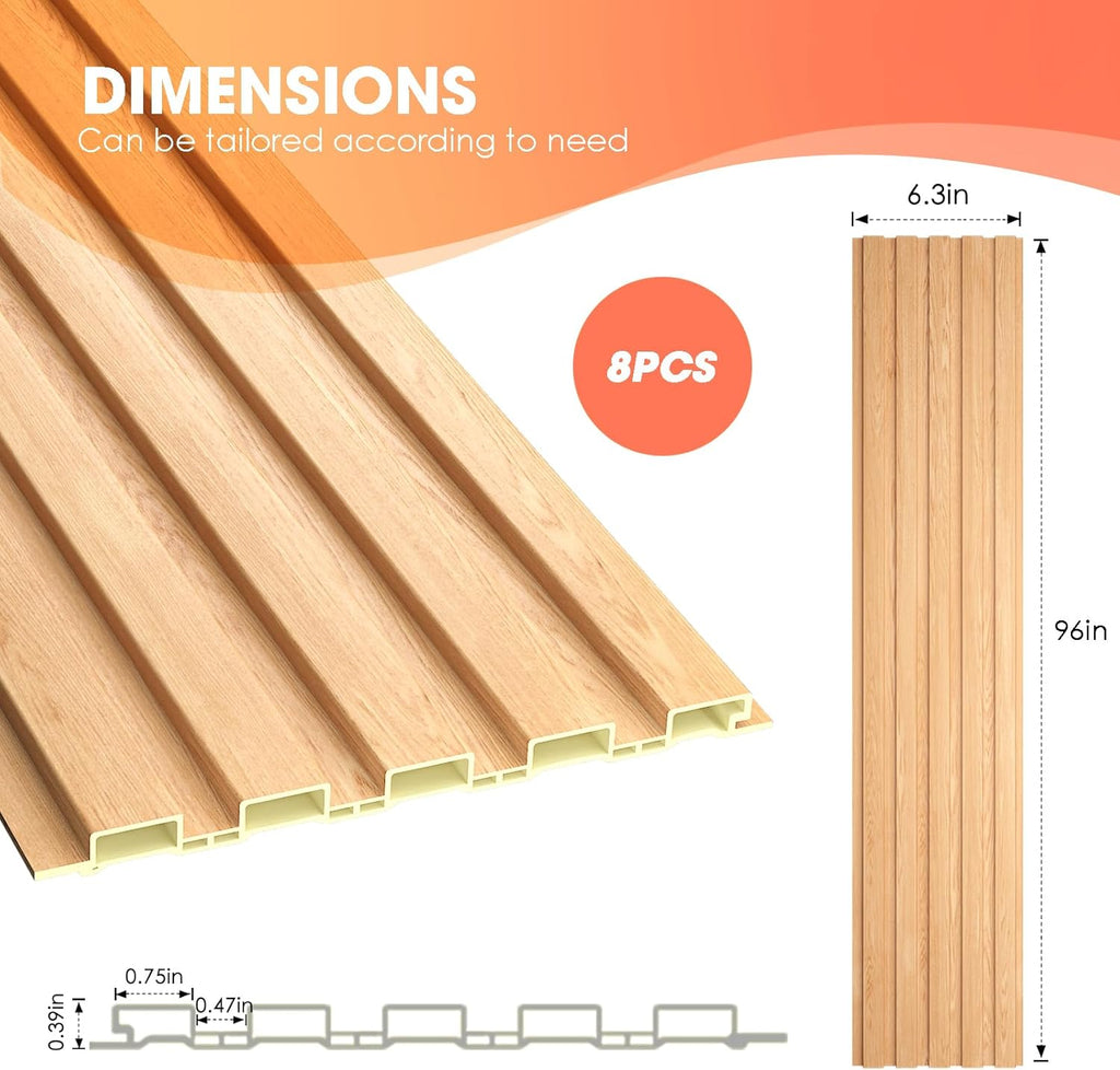 OUZUGIE WPC Acoustic Slat Wall Paneling, 8-Pack 96 x 6 Inches 3D Wall Panels for Interior Wall Decor,Living Room,TV Background,Study Room,Office Spaces,Bedroom,Low Grille (Oak)