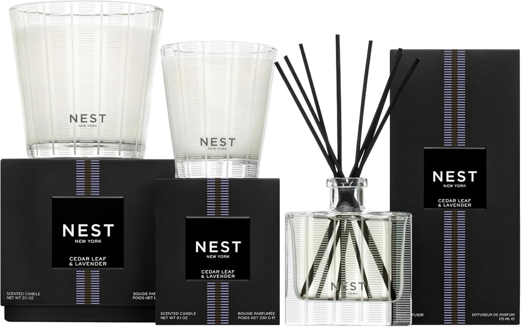 NEST New York Reed Diffuser, Cedar Leaf & Lavender - 5.9 fl oz - Fragrance for Up to 90 Days - Reusable, Refillable Glass Holder - Includes 8 All-Natural Reed Sticks - Flame Free