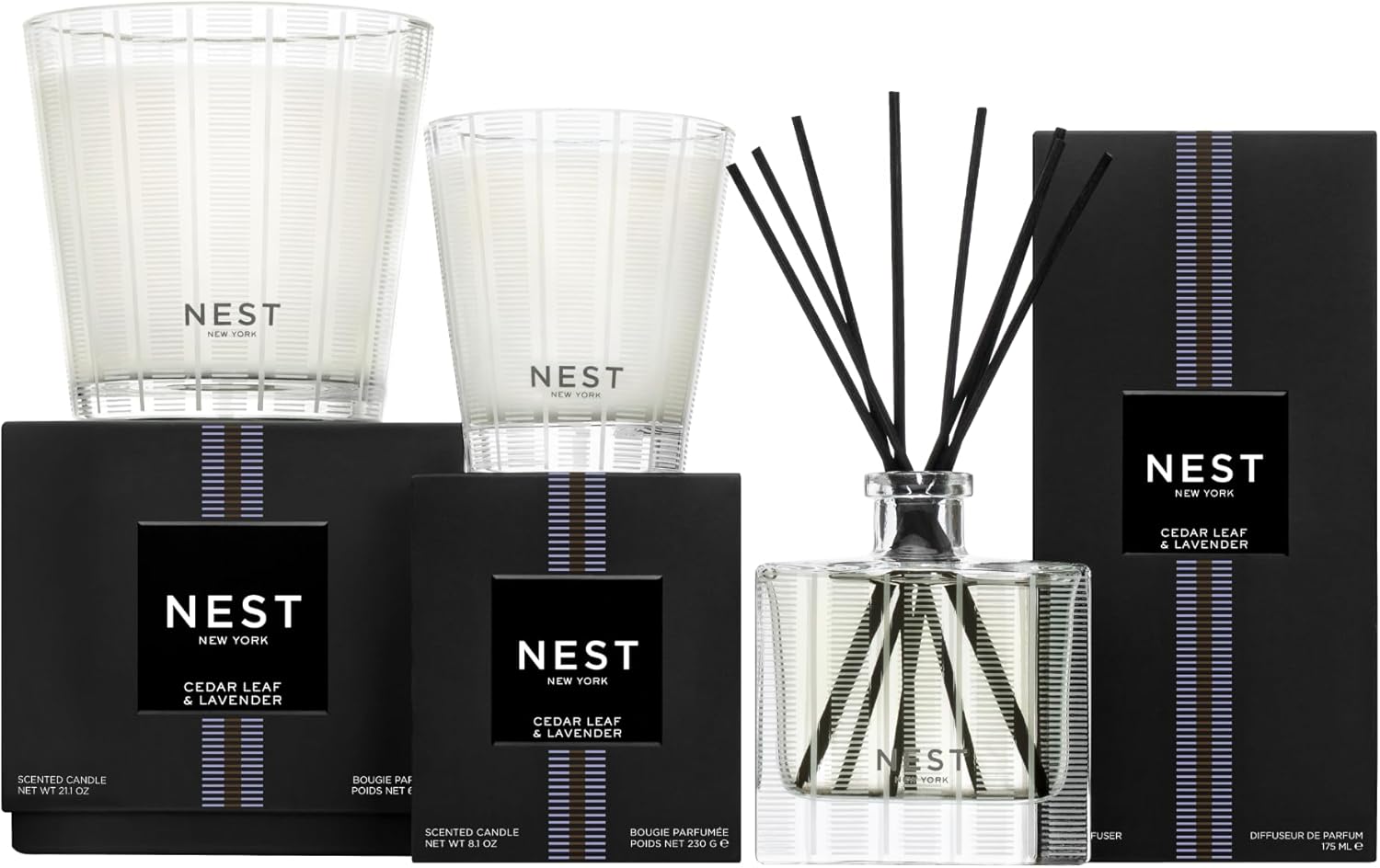 NEST New York Reed Diffuser, Cedar Leaf & Lavender - 5.9 fl oz - Fragrance for Up to 90 Days - Reusable, Refillable Glass Holder - Includes 8 All-Natural Reed Sticks - Flame Free