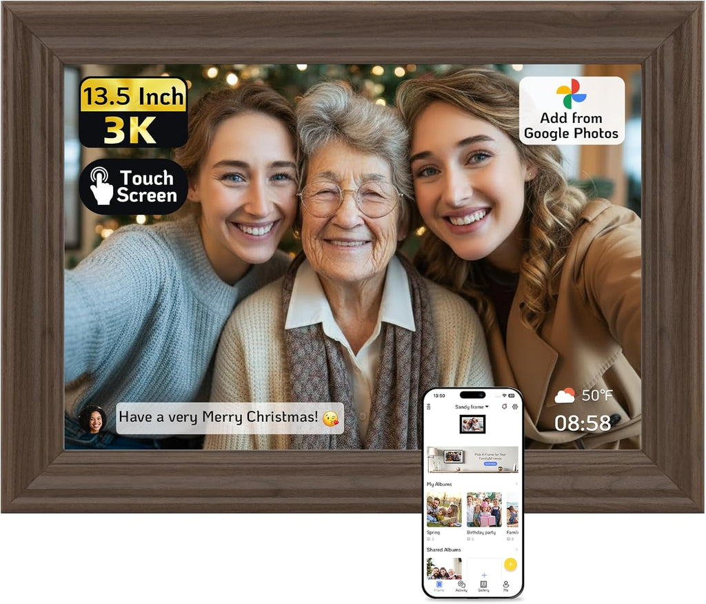 NexFoto 13.5" Touchscreen Digital Picture Frame 3K Resolution, WiFi Electronic Photo Frame 64GB, Add Pics from Google Photos, Share Photos/Videos via App/USB, Gifts for Mom Christmas, Walnut