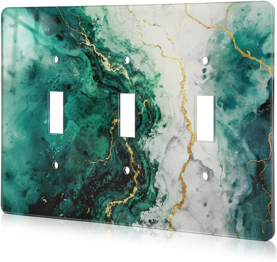 Modern Abstract Lexury Dark Turquoise Teal Blue Gray Marble Textured Light Switch Plates Wall Plates Decorative Electrical Outlet Cover Plates Acrylic Double Outlet Covers Switch Plates 3 Gang