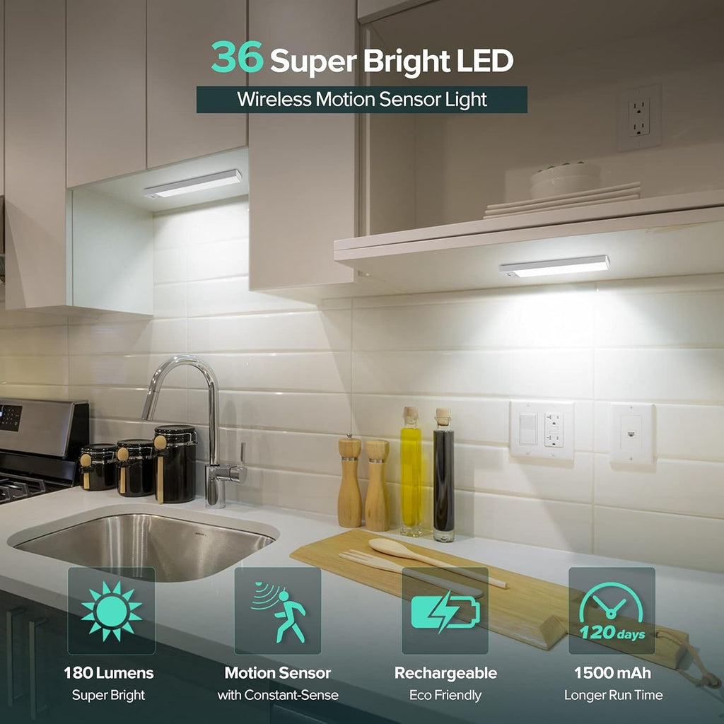 Under Cabinet Lights 3-Pack, Wireless Motion Sensor Lighting with 36 LEDs, 3 Modes, 1500mAh Rechargeable Battery for Kitchen, Hallway, Stairs & Closet
