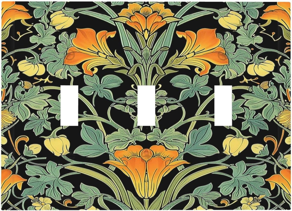 Decorative Switch Plates William Morris Vintage Floral Green Yellow 3 Gang Wall Plate Triple Toggle Light Switch Cover Faceplate Electrical Wall Panels for Bedroom Home Decor
