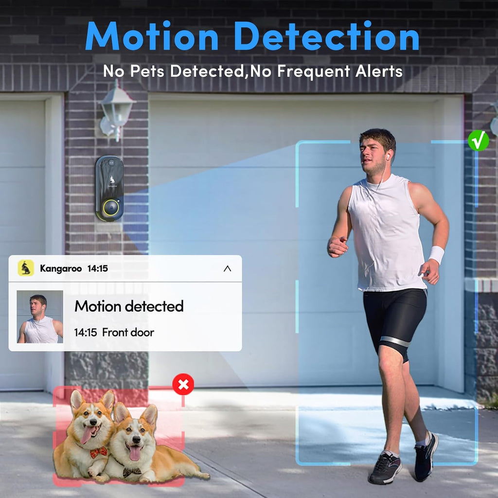 Kangaroo Wireless Doorbell+Chime,HD Camera,Easy Setup,Battery Power,Motion Detection,2.4G WiFi,Real-time Alerts to Phone,Security System for Home,Apartment and Office (2 Doorbell+2 Chime)