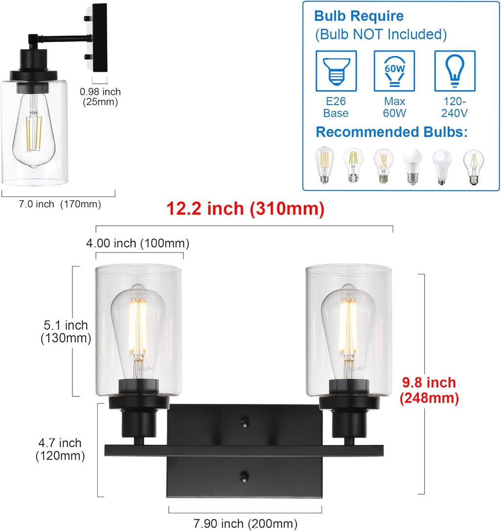 MELUCEE 2-Light Black Wall Sconce Industrial Vintage with Clear Glass Shade and Metal Base, Bathroom Vanity Lights Hallway Light Fixture Sconces Wall Lighting (Patent No.: US D963914 S)