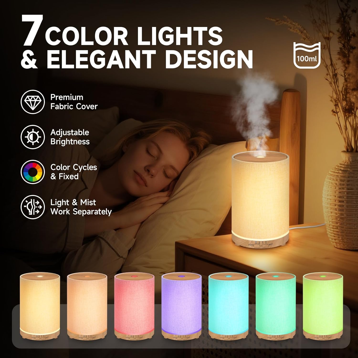 URPOWER 100ML Essential Oil Diffusers for Home with Linen Cover 7 Color Changing Lights, Timer & Auto-Off Scent Diffuser Oil Machine Humidifier Aromatherapy Air Diffusers for Bedroom, Office