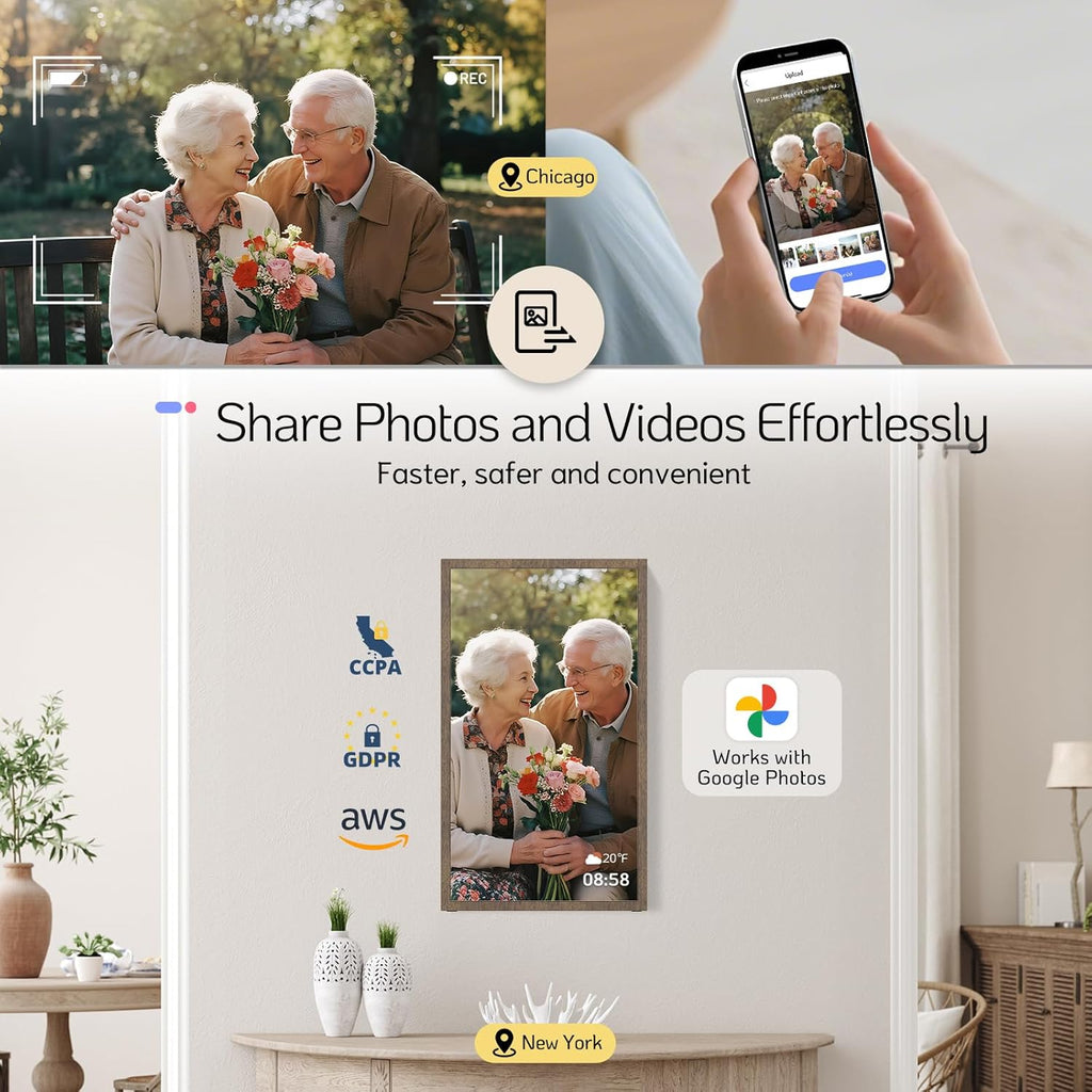 NexFoto 21.5 Inch Digital Photo FrameTouchscreen, Large Digital Picture Frame 64GB, Add Pics from Google Photos, Upload Videos via APP/USB Instantly, Gifts for Christmas/Mom/Grandparents, Dark Wood