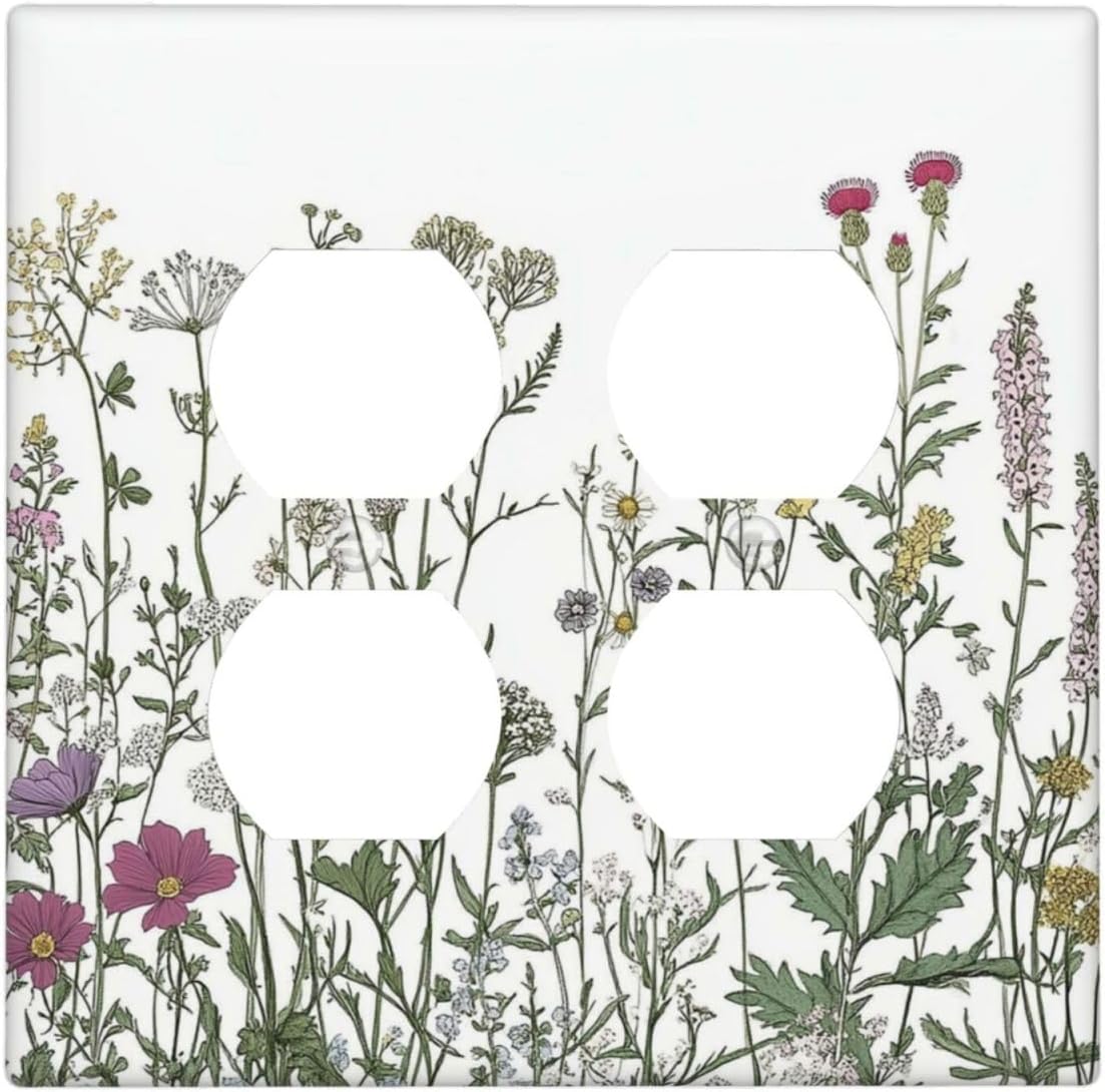 Vintage Herbs Wildflowers Plant Floral Outlet Covers 2 Gang Double Duplex Decorative Light Switch Covers Electrical Wallplates Socket Faceplate For Bed Room Home Decor