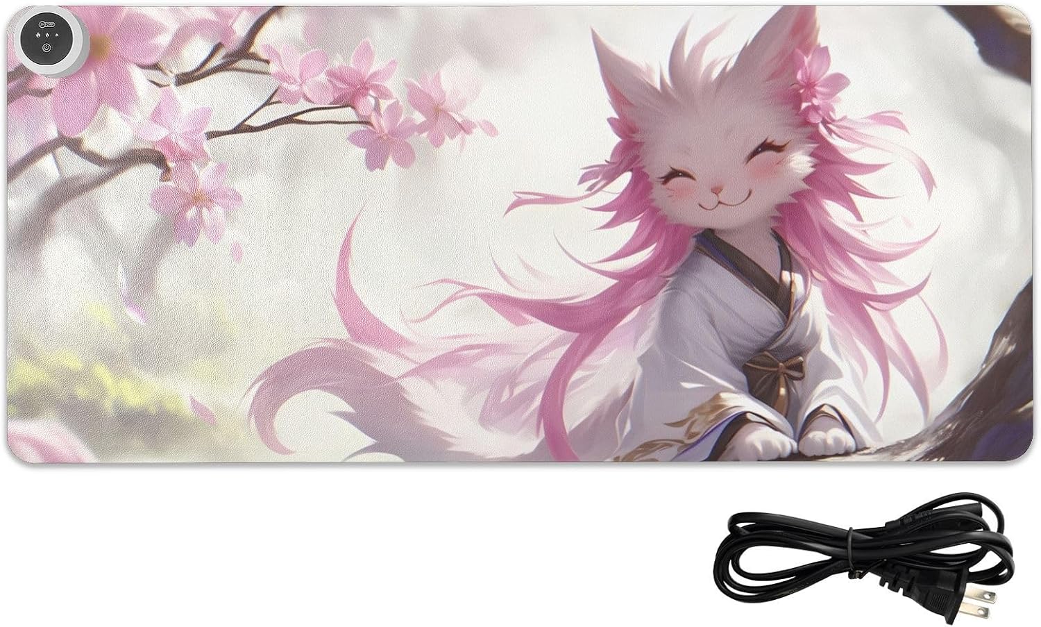 Large Heated Mouse Pad,Leather Desk Mat,31.5"x13",Hand Warmer Pads for Desk,Kitty(White Pink)