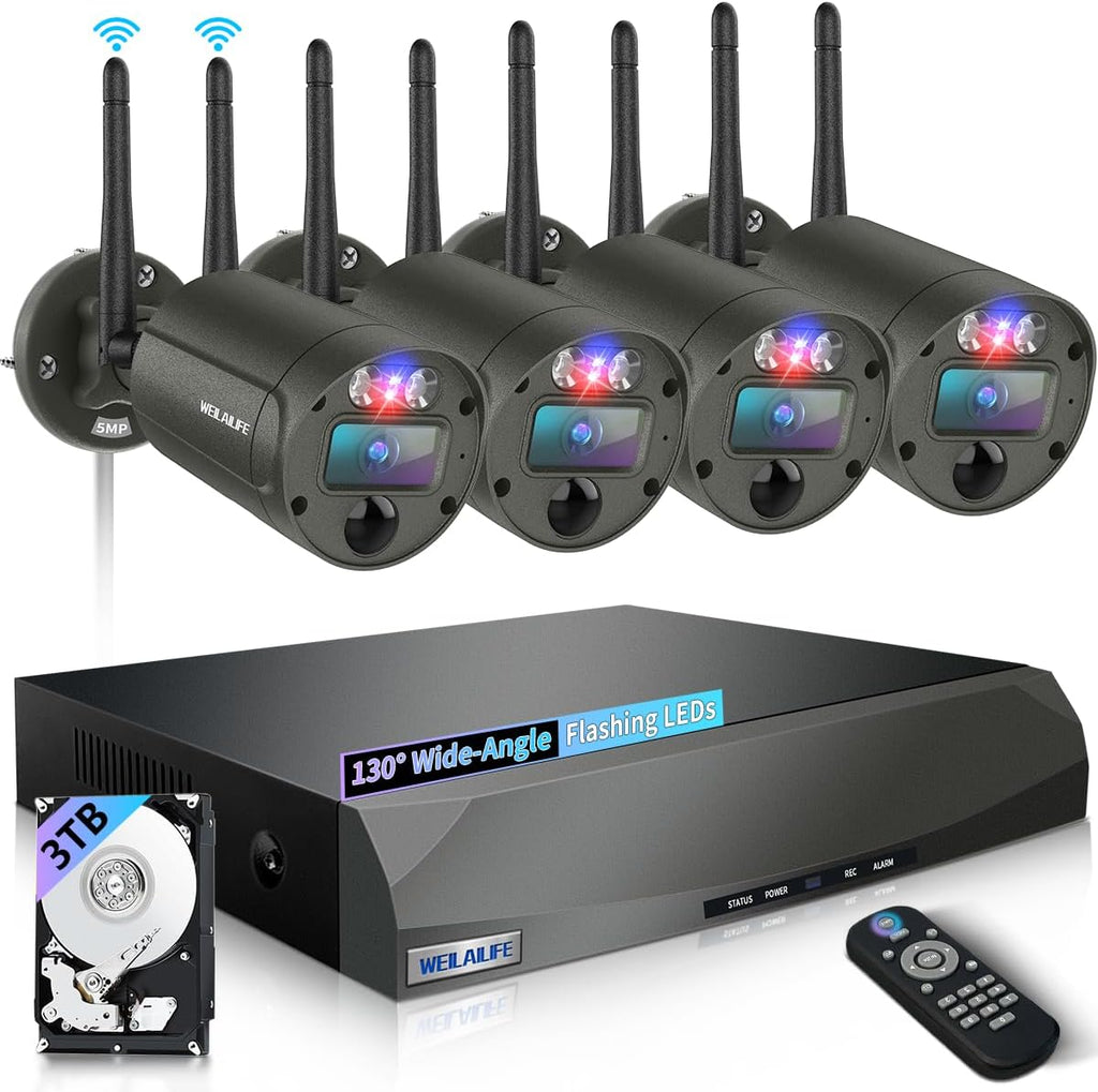 【90 Days Storage & 130° Wide Angle】 Wireless Security Camera System, Wireless Cameras for Home Security, Outdoor WiFi Video Surveillance DVR Kits