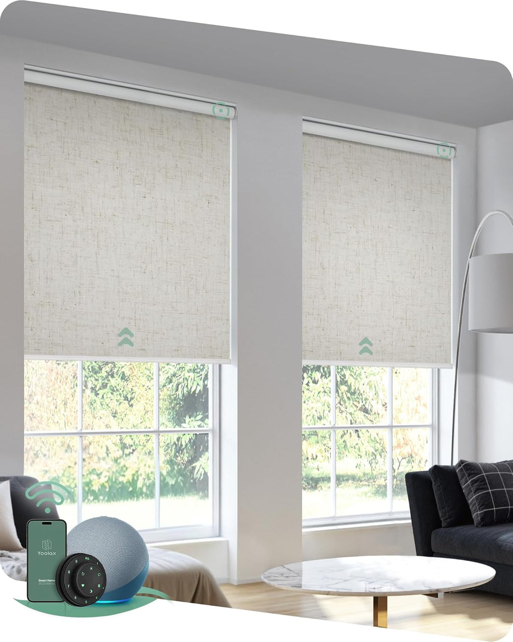 Yoolax Motorized Roller Shades, Blackout, Cordless, Smart Automation, Linen Beige, 28"W x 72"H, Compatible with Alexa