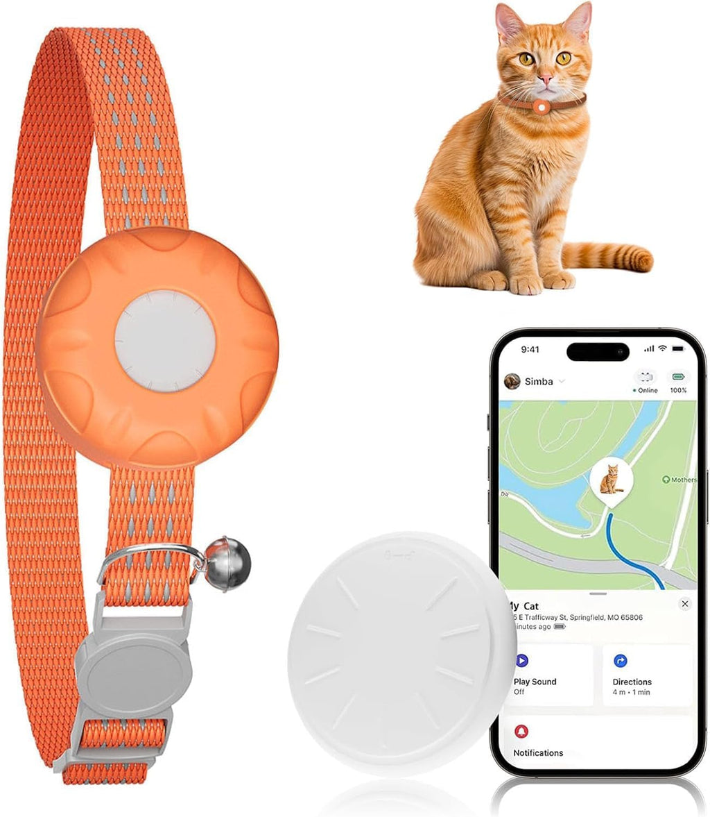Cat GPS Tracker, Waterproof Pet Tracker for Cats, Compatible with Apple Find My App (Only iOS), Cat Tracker Collar with Safety Elastic Buckle, Works with Any Collar, No Monthly Fee, Orange