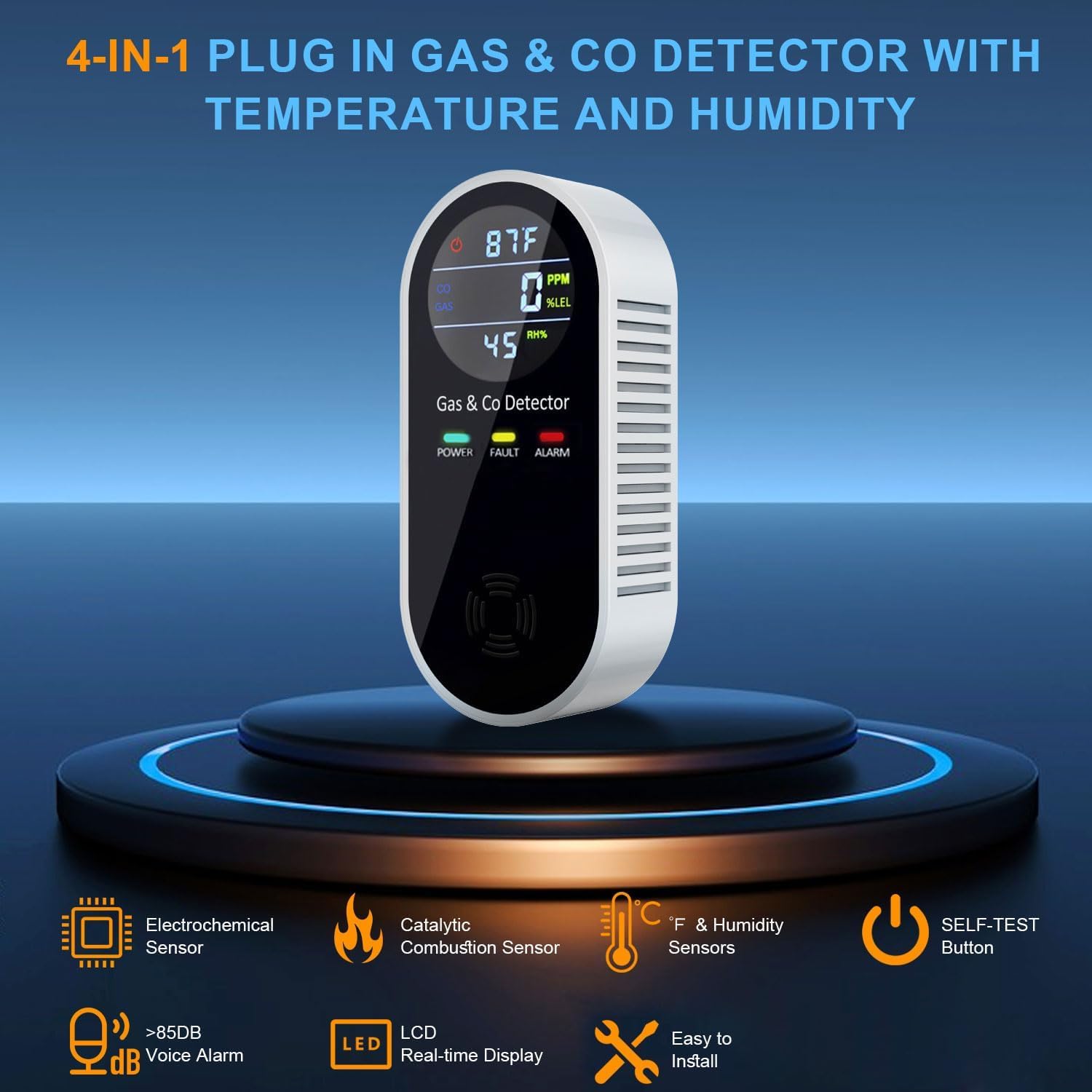 Plug in Carbon Monoxide and Natural Gas Detector, Combination Gas & Carbon Monoxide Detectors for Travel with Temperature Humidity Display, 4 in 1 CO and Gas Detector for Home/Travel(1 Pack)