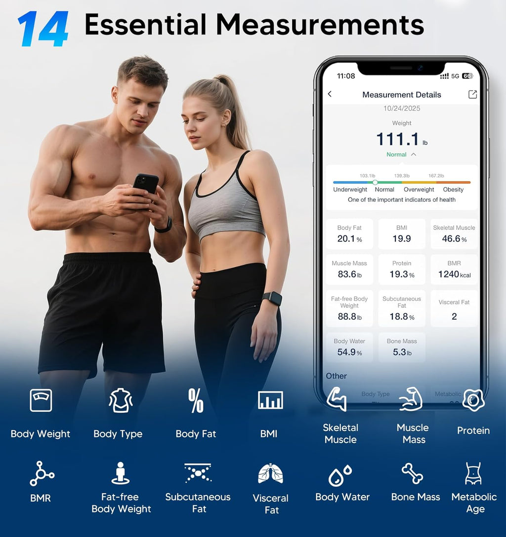 GE Smart Scale for Body Weight BMI Fat Muscle Mass with 14 Body Composition Metrics & All-in-one LCD Display, Digital Bathroom Weight Monitor Bluetooth with App, Accurate Weighing Machine 400lb Blue